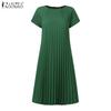 ZANZEA Damen Sommer Casual Rundhals Kurzarm Locker Plissiertes Kleid