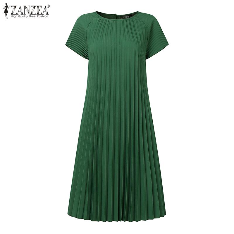 ZANZEA Dámské letní ležérní šaty s kulatým výstřihem, krátkým rukávem, volného střihu s plisováním