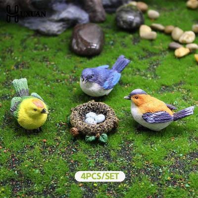 4 pièces Figurine d'Oiseau Miniature Modèle Dessin Animé Résine Artisanat DIY Plante Succulente Bonsaï Figurines Jardin Féérique Maison de Poupée Miniatures Décor