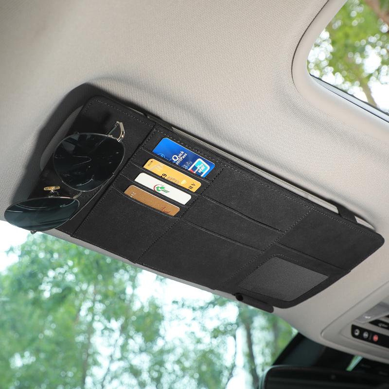 Car Sun Visor Suede Sunglasses Holder Multi-functional Card Holder Storage Pocket Car Interior Glasses Clip Car Accessories