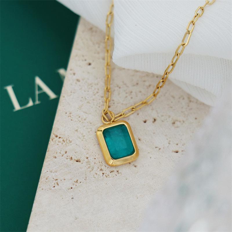 Glacier Blue-Green Diamond Square Necklace with 18K Gold-Plated Titanium Steel Clavicle Chain