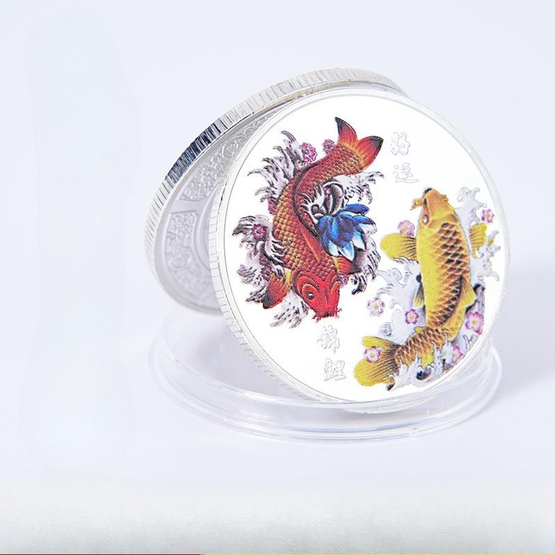 Year after year surplus, silver commemorative coins, lucky koi commemorative medals for attracting wealth, silver coins, color printed lucky coins