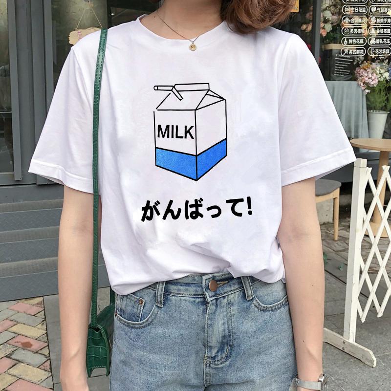 Kawaii Women T-Shirt Cartoon Milk Print Funny Top Female T Shirt Ulzzang Harajuku Aesthetic Casual O-Neck Ladies Tee Clothing