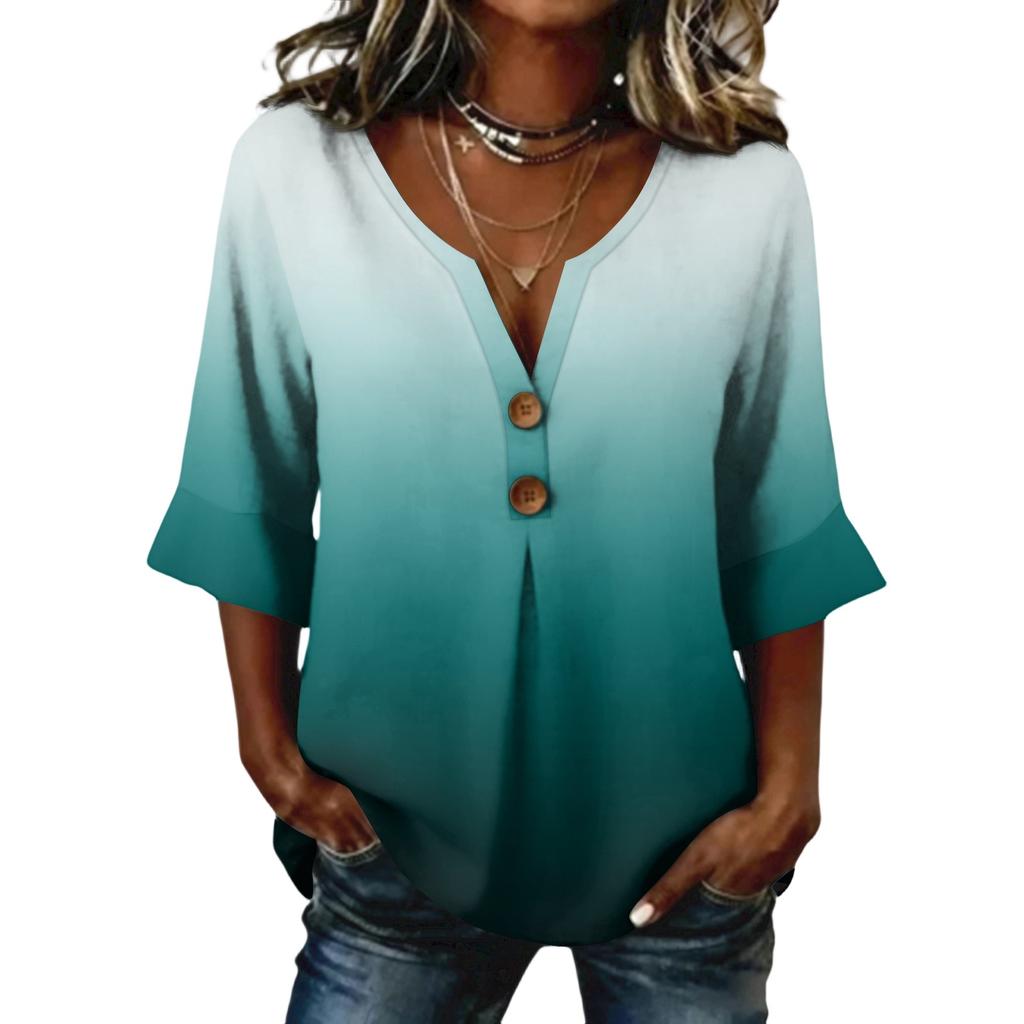 Ladies' gradient printed button casual V-neck fashionable seven quarter sleeve top