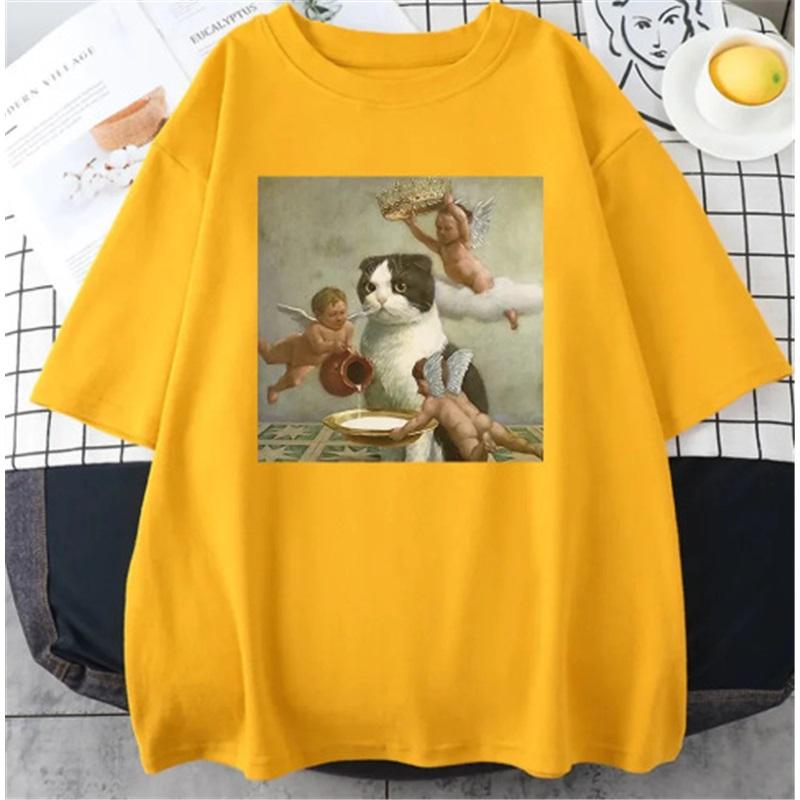 

Женская футболка-пуловер с коротким рукавом в мультяшном стиле с кошкой XXXL жёлтый