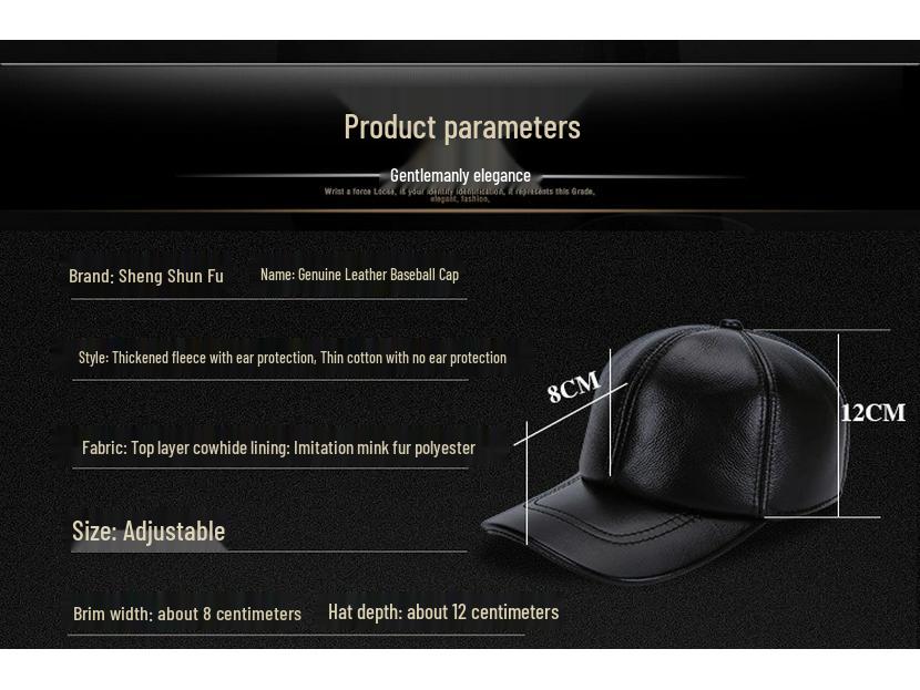 Genuine Leather Cowhide Baseball Cap with Ear Flaps, Adjustable Fleece-Lined Winter Duckbill Hat for Middle-Aged and Elderly Men.