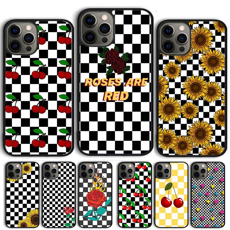 Checkered Sunflower Rose Design Cover For iPhone 17 Air 15 16 14 13 12 Pro Max 11 Pro Max Plus Phone Case Coque