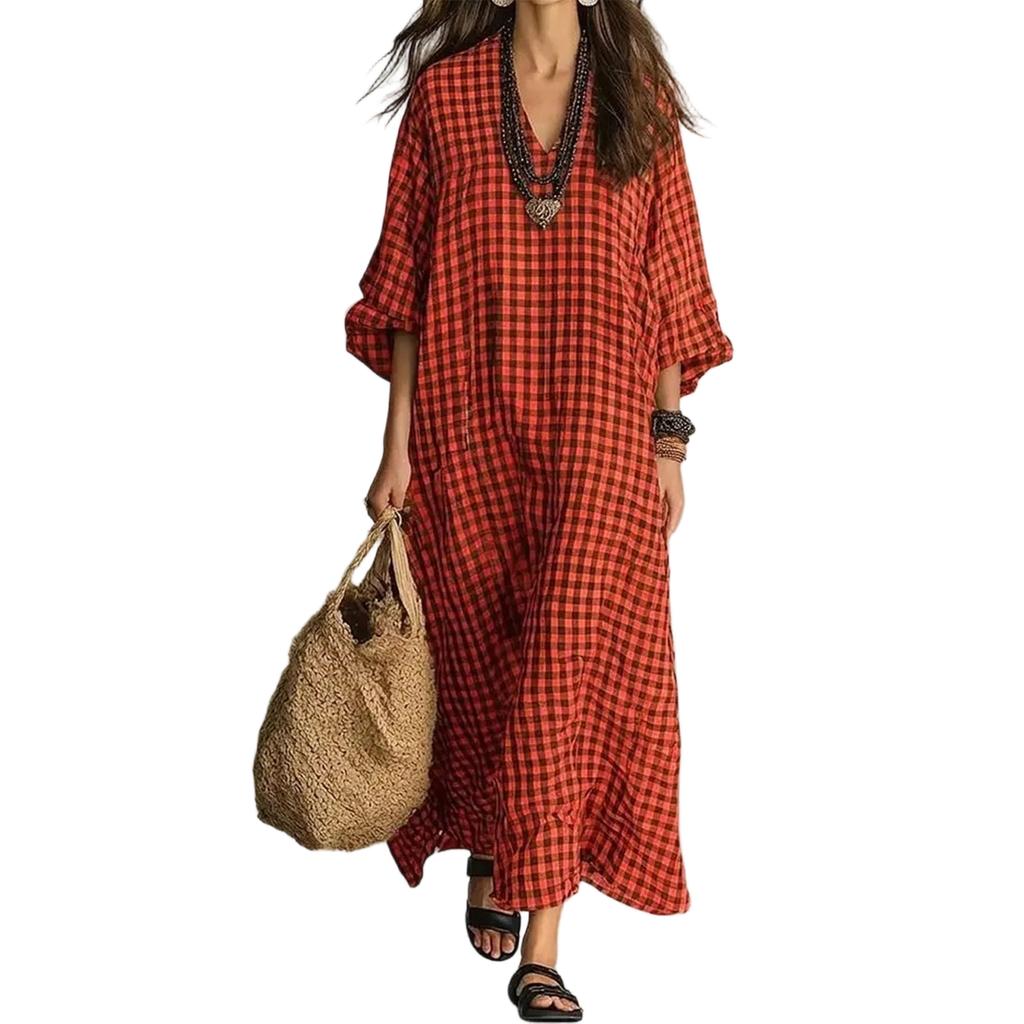 Women's Retro Plaid Loose Fit Cotton Linen Casual Dress