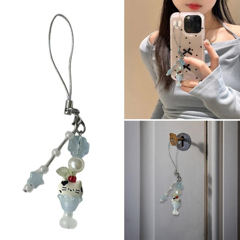 Kitten Bead String Phone Pendant Stylish Feline Beaded Phone Tassels Practical Acrylic Key Holder Phone Accessory