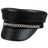 Trendy Hat Silver Chain Beret Women'S Black Pu Leather Flat Top Hat British Retro Duck Tongue Newsboy Hat