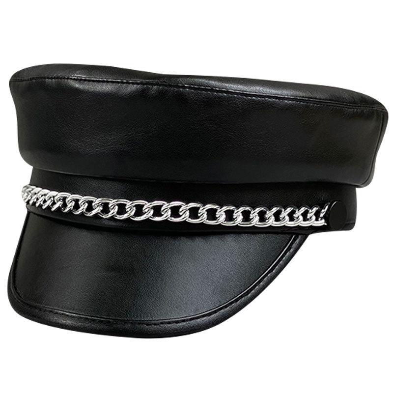 Trendy Hat Silver Chain Beret Women'S Black Pu Leather Flat Top Hat British Retro Duck Tongue Newsboy Hat