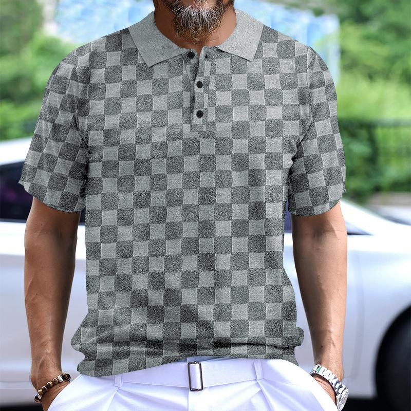 Summer Men's Short Sleeve T-Shirt Casual Fashion Lapel Polo Shirt Men's Short Sleeve Jacquard Small Checked T-Shirt