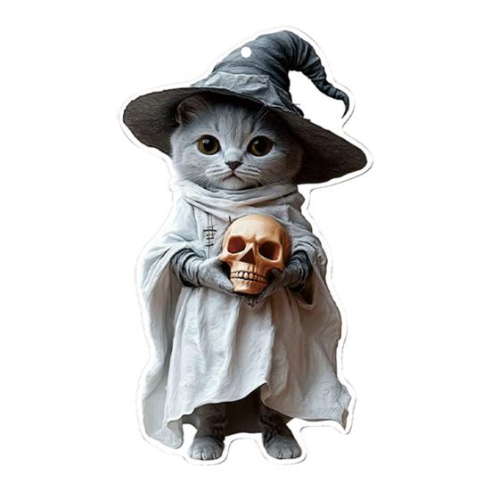 Halloween Cat Ornament Cute Cat with Witch Hat Pumpkin/Skull Hanging Decoration 2D Flat Acrylic Car Rearview Mirror Charm Christmas Tree Decoration