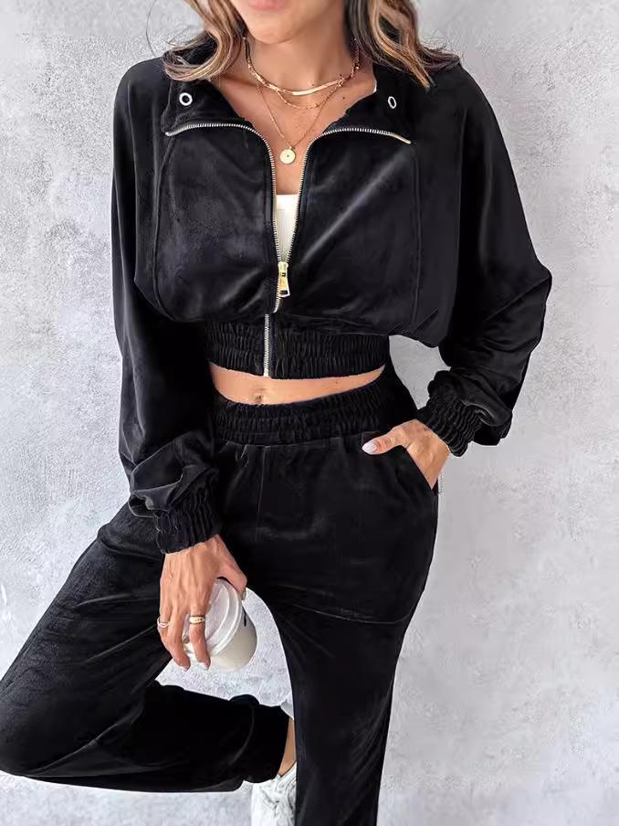 Women's Autumn 2024 Gold Velvet Cropped Top & Long Sleeve Pants Casual Set