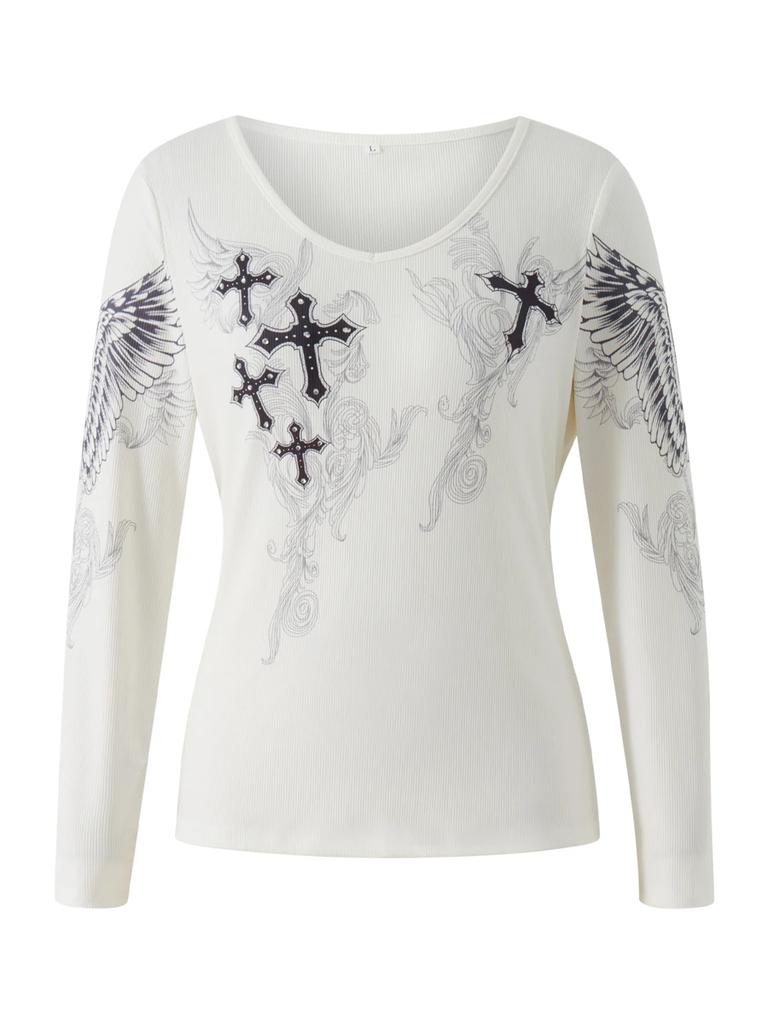 Graphic Cross Wings Print Long Sleeve Women Grunge Fairy T-shirt Harajuku Tee Aesthetic Punk Style Clothes Streetwear