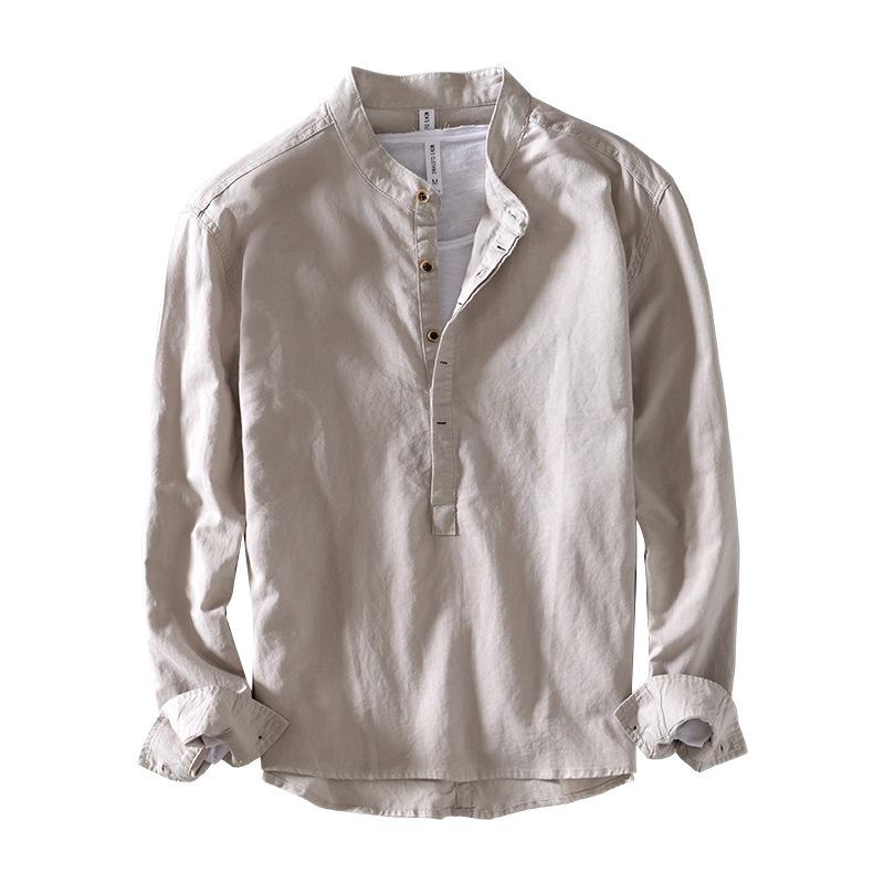 Herre fritidsskjorte i lin koreansk versjon slim fit ensfarget ståkrage