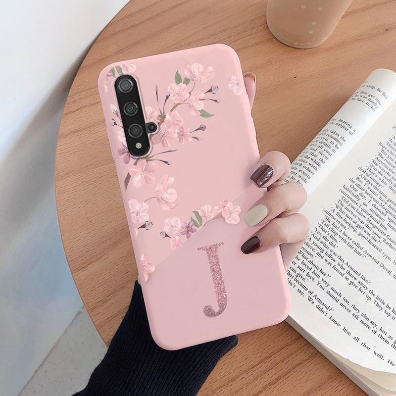 Initial Letter Silicone Case For Huawei Nova 5T Shell Retro Pink Flower Soft TPU Back Cover For Huawei Nova5T Capa Cute Coque