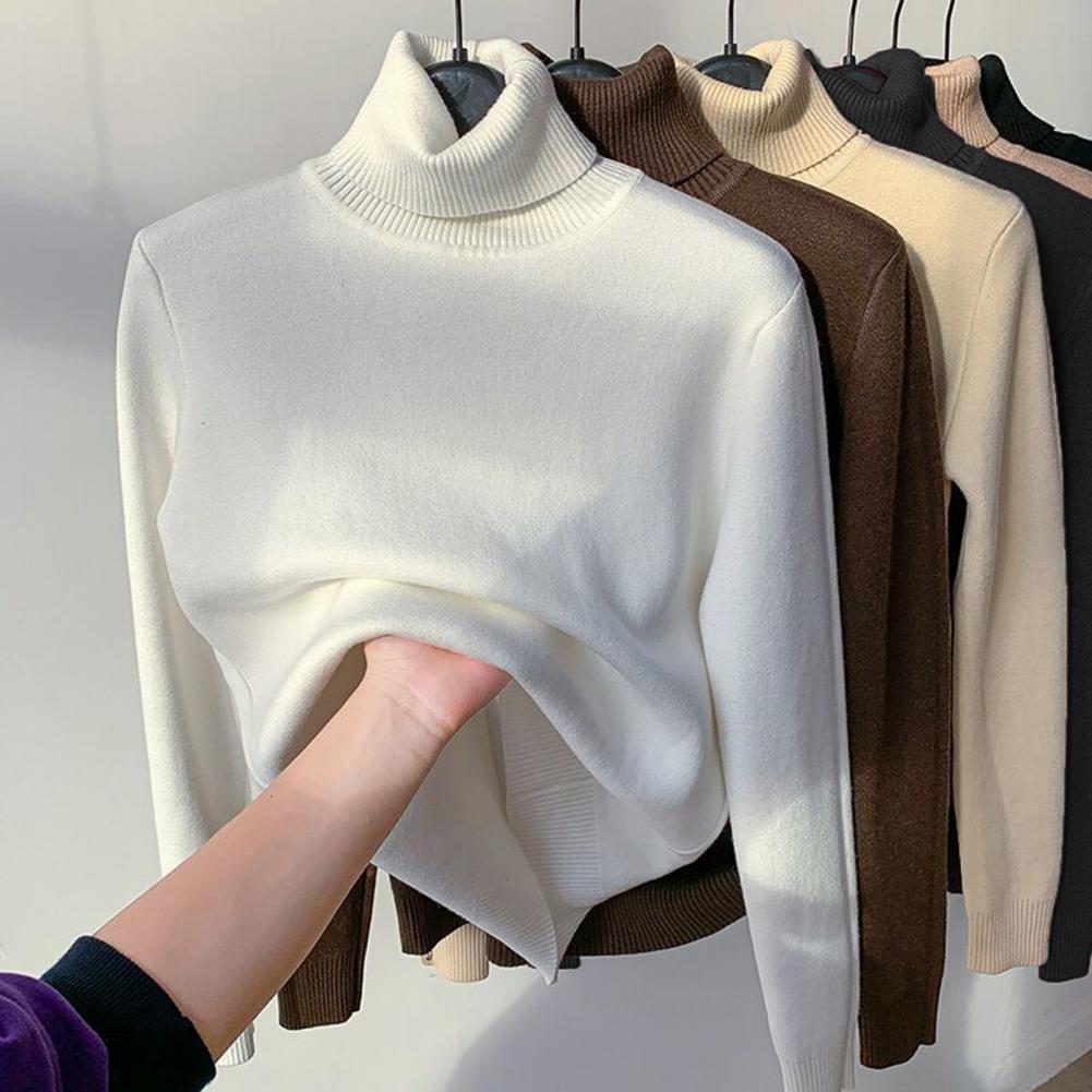 Strickoberteile für Damen, hoher Kragen, lange Ärmel, einfarbig, warmes Fleecefutter, Pulloveroberteile, schmale Passform, verdickte Strickmode für den Alltag