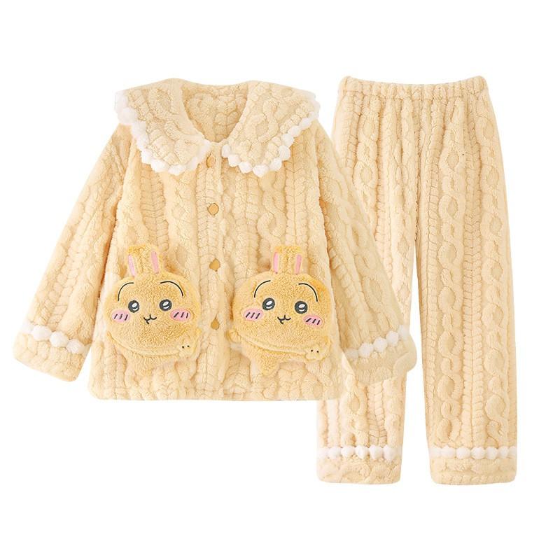 Girls Warm Fleece Pajama Set Long Sleeve Cartoon Print Sleepwear Winter Home Use