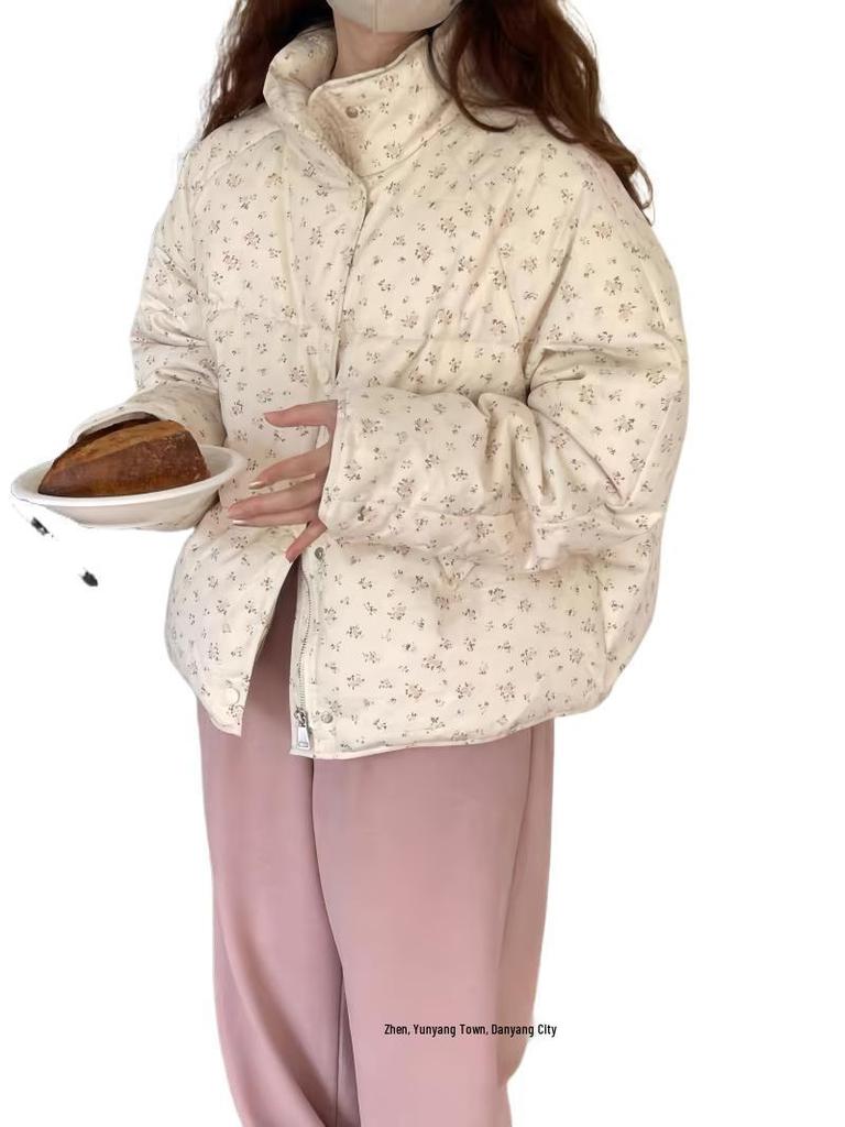 2024 Winter Women's Floral Down Cotton Jacket – Loose Fit, Korean Cute Academy Style