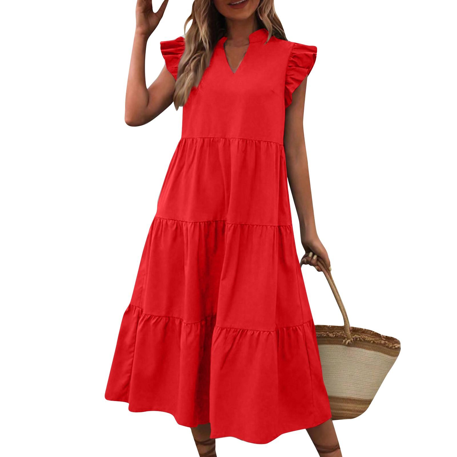 Color V-neck Ruffle Sleeve Short-sleeved Casual Dress XXL красный