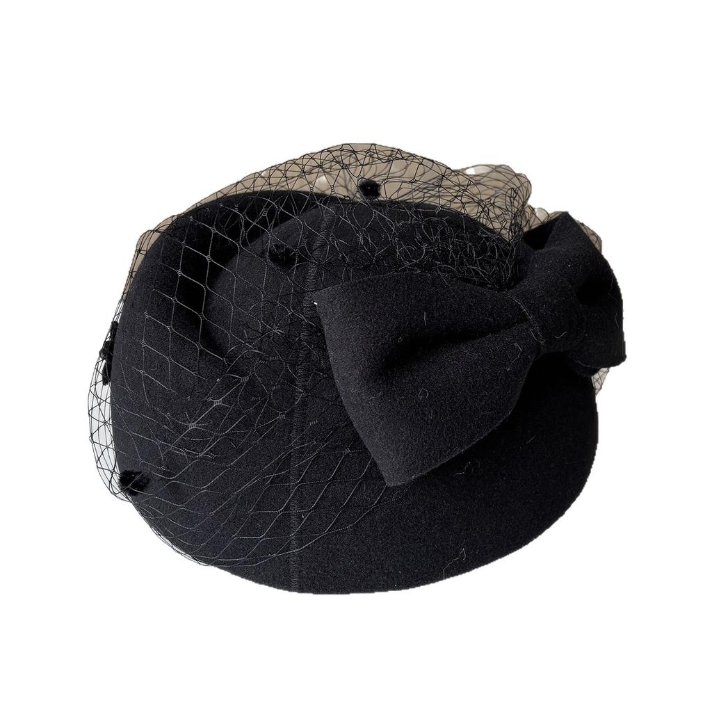 Autumn And Winter Bow Mesh Bud Hat Women'S High-End Sense Warm Felt Styling Top Hat British Style Stewardess Hat