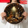 2D Flat, 1pc Round Aluminum Hanging Sign, Five Witches Gathering Dark Autumn Forest Owl Black Cat Pumpkin Print, Vintage Witchy Halloween Fall Front