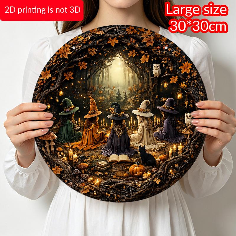 2D Flat, 1pc Round Aluminum Hanging Sign, Five Witches Gathering Dark Autumn Forest Owl Black Cat Pumpkin Print, Vintage Witchy Halloween Fall Front