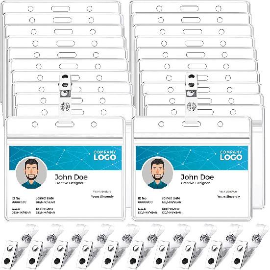 Koorito 50 Pack Name Badge Holders with Clear PVC Horizontal Badge Holder, Metal Badge Clip, Waterproof Resealable Zipper Seal Name Holder Tags 50 Pack