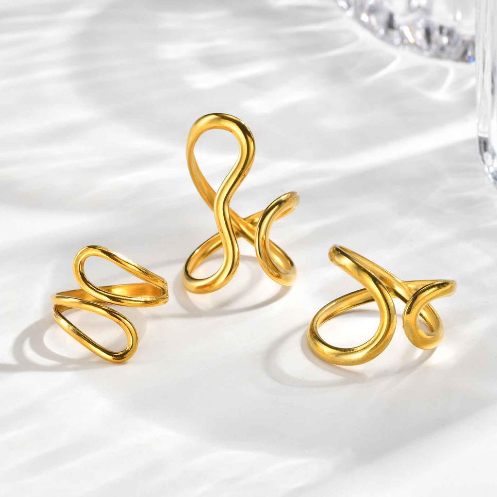 Unique Statement Geometric Ring for Women Stainless Steel Simple Finger Rings Wedding Party Jewelry 18K Gold Plated 3pic Set
