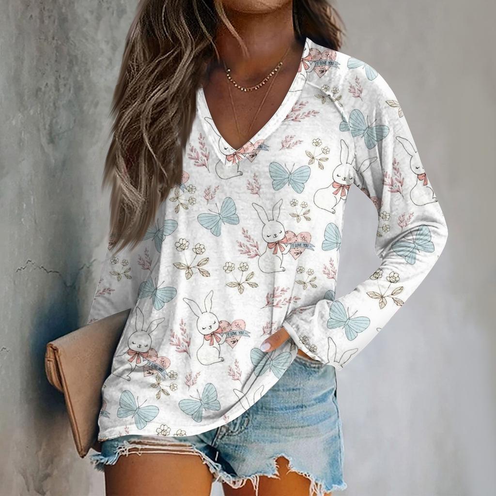 Women's Long Sleeve Plunger Sleeve Easter Print Casual Top T-Shirt