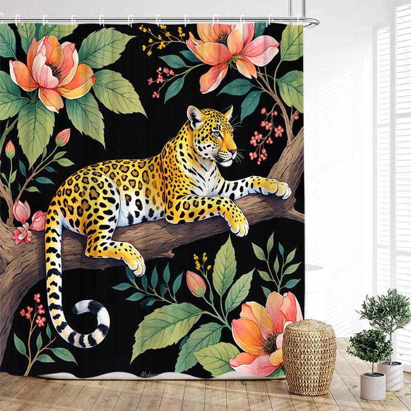 Tropical Jungle Leopard Shower Curtains Wild Animals Floral Green Plants Modern Fabric Home Bathroom Curtain Decor With Hooks