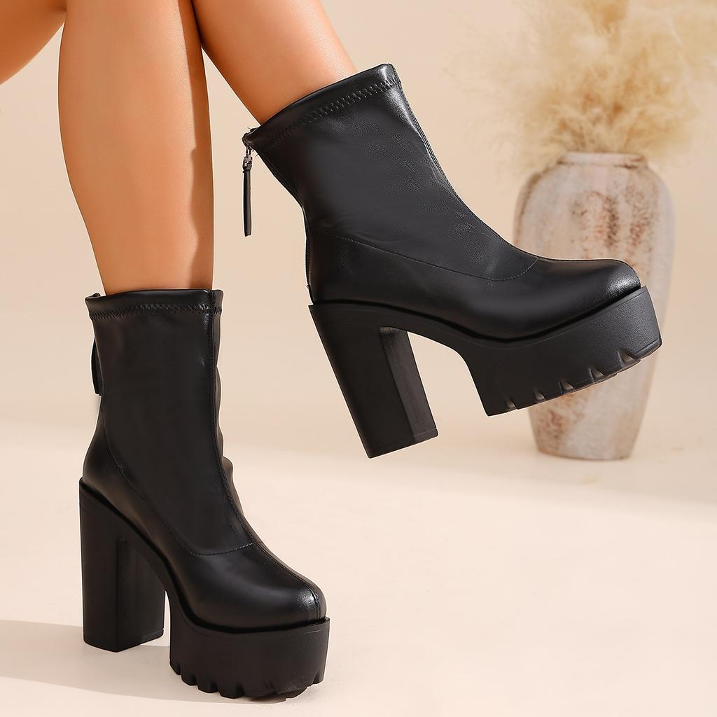 Damen Hohe Dicke Sohle Breite Ferse Stiefel Designer Mode Plateau Stiefel Damen Damen Leder Stiefel Schuhe
