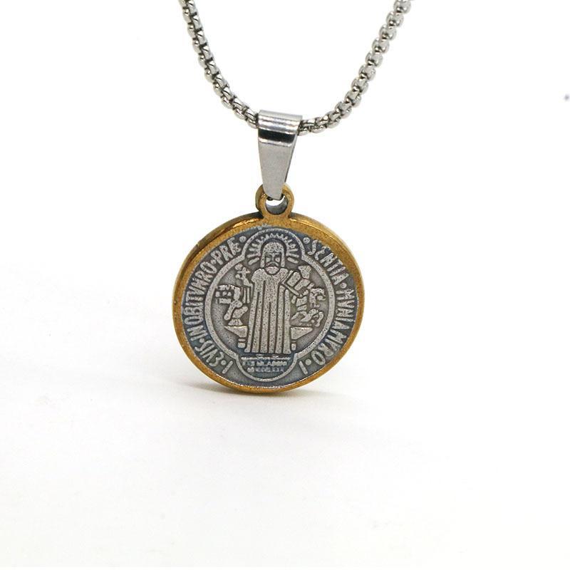 Stainless Steel Religious Exorcism Saint Benedict Necklace Round Pendant No Fade for Family Gathering Faith Souvenir Gifts