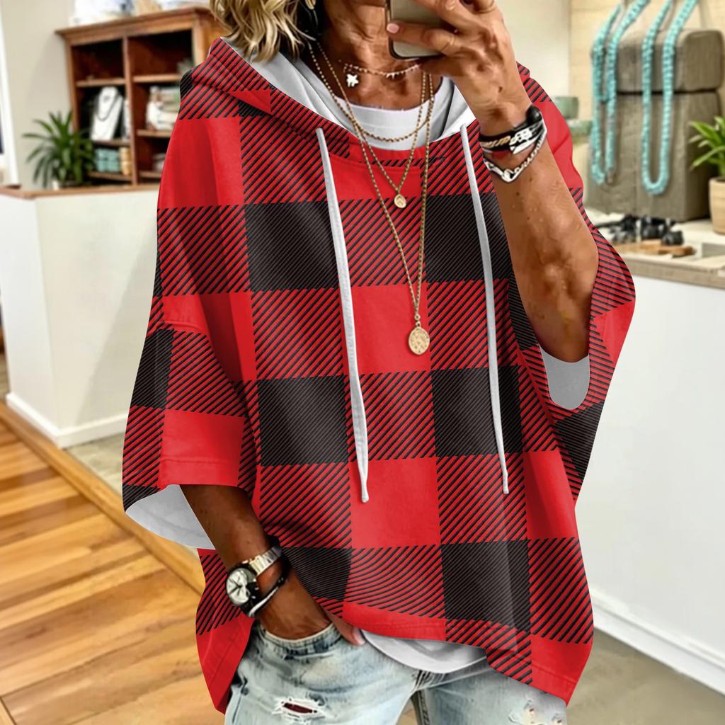 Women's Drawstring Hooded Sweatshirt with Retro Plaid Print Loose Fit Casual Top