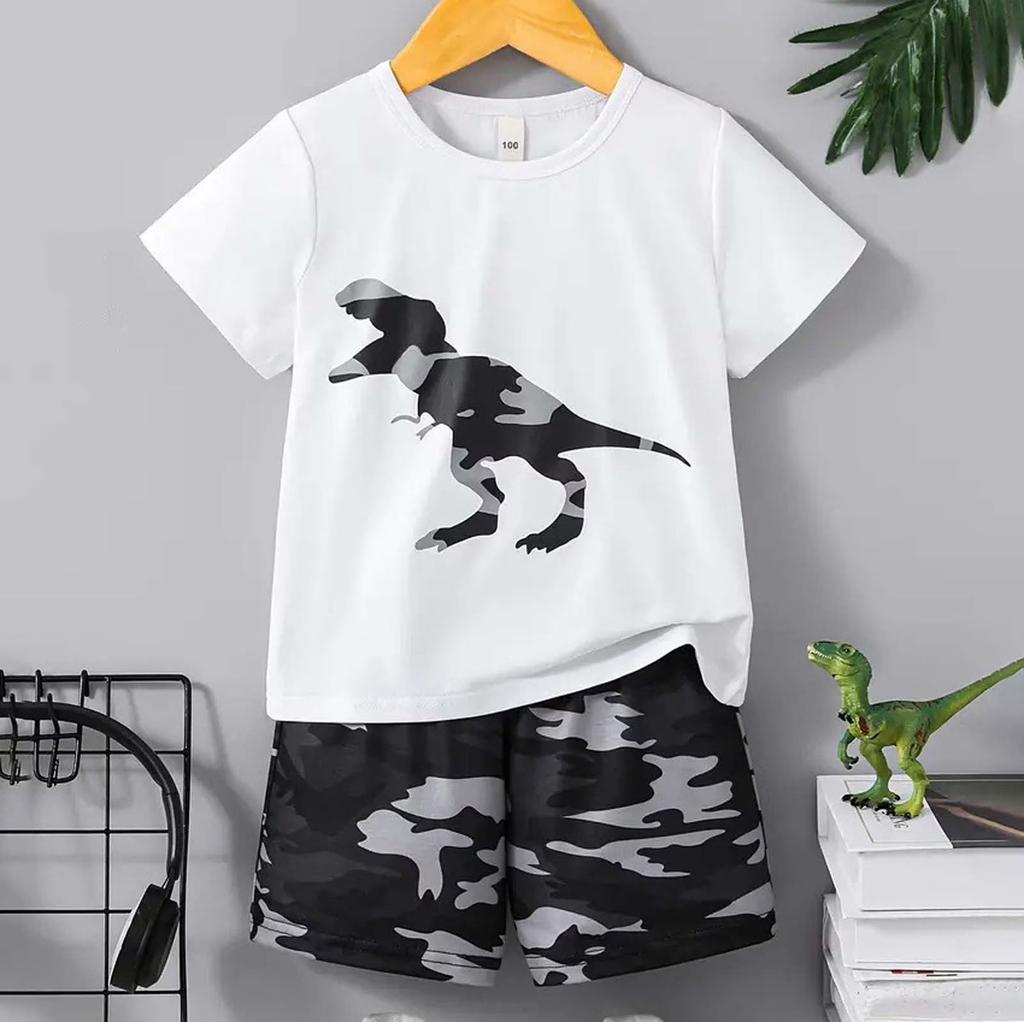Boys Cartoon Dinosaur Short Sleeve T Shirt and Camouflage Shorts Set Summer Casual Outfit Lightweight Comfortable Fabric