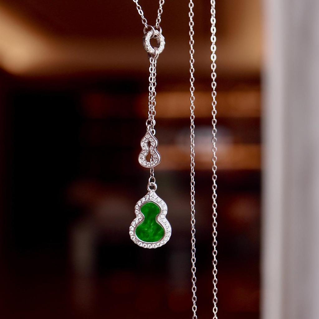 Classic S925 Sterling Silver Green Burmese Jade Gourd Necklace