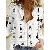 Cat Print Women Blouse Spring Autumn Femme Office Lady Button Up Turn Down Collar Shirts