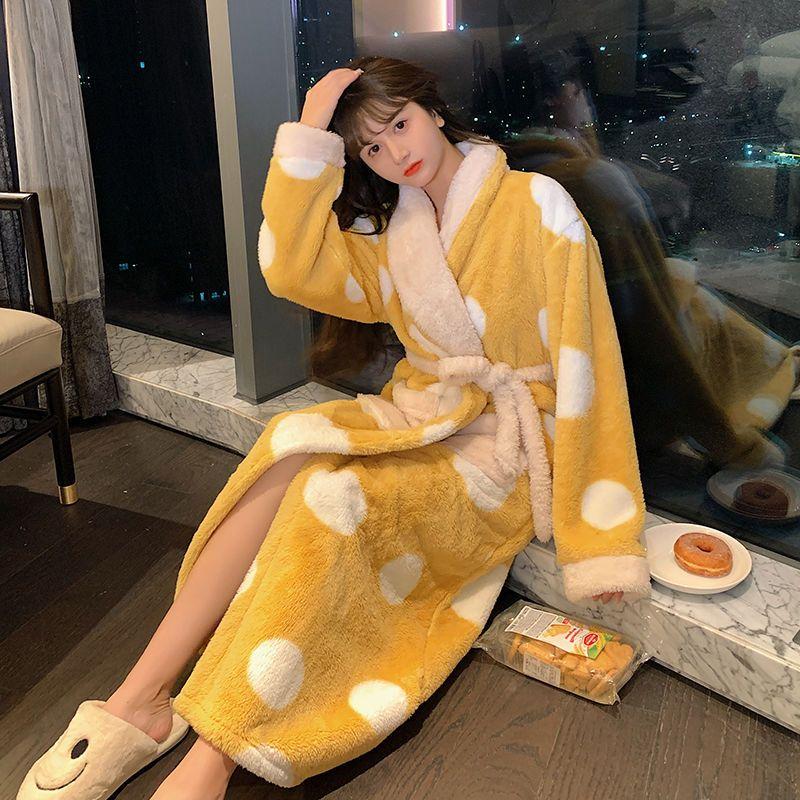 Women Print Mid-calf Robes Design Winter Warm Thick Korean Style Homewear Lounge Casual Popular Feminino Fashion Loose Bathrobe