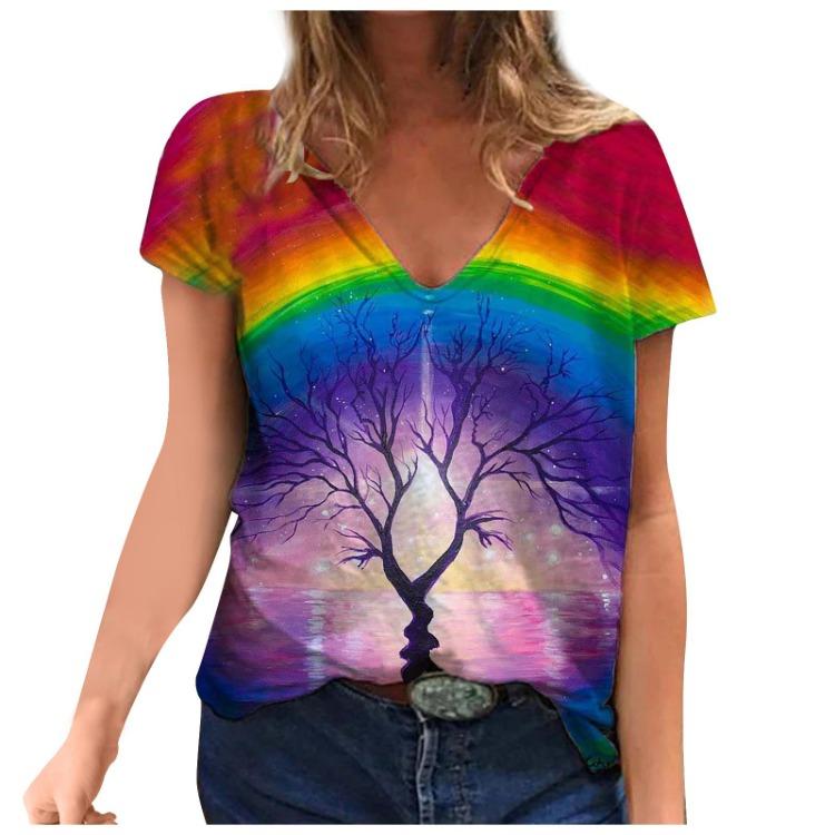 Women Plus Size Short Sleeve T Shirt V Neck Printed Blouse Tee Tops