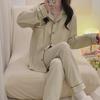 2024 Women's Long-Sleeve V-Neck Ribbed Cotton Pajama Set - Sweet Princess Style, Solid Color, Large Size, Ideal for Spring and Autumn.