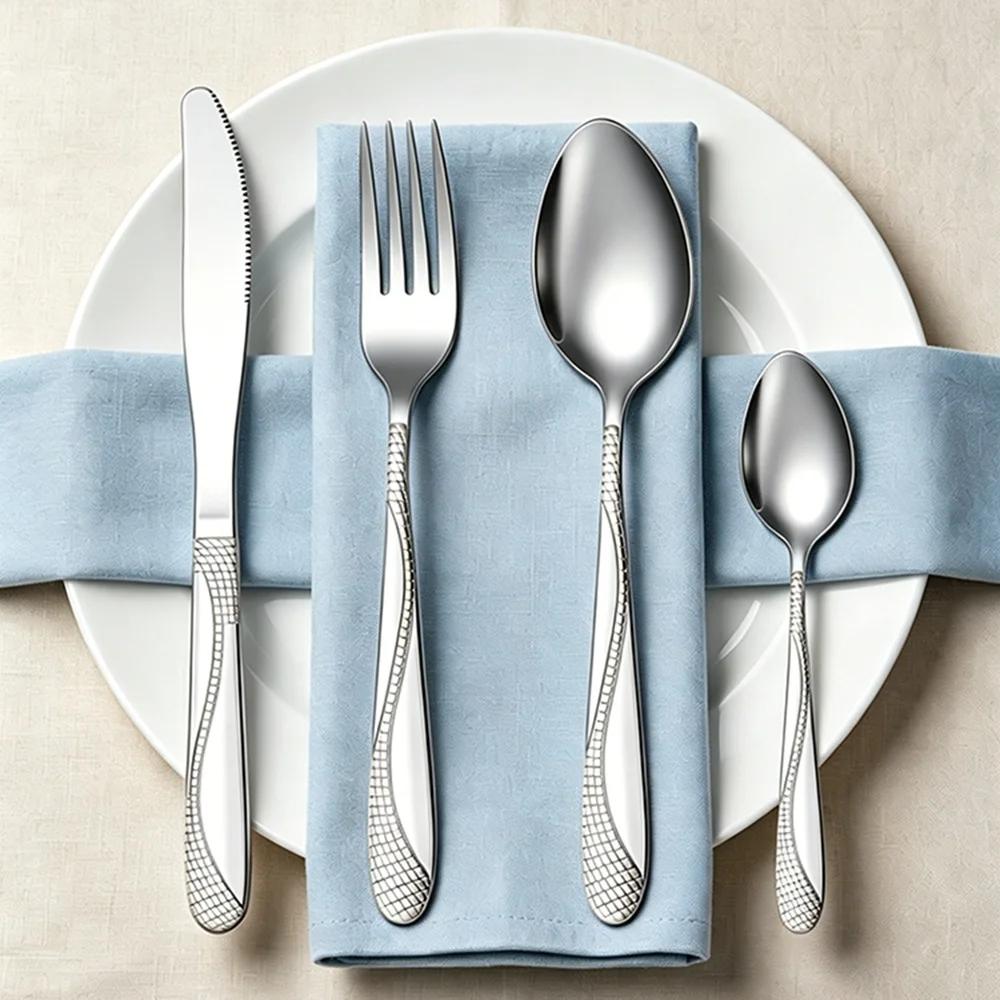 4Pcs Silver Stainless Steel Tableware with Dinner Knife Dinner Fork Soup Spoon Tea Spoon Delicate Household Tableware