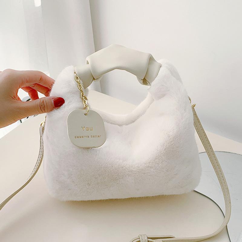 Women Faux Fur Plush Handbags Ruched Handle Small Lady Shoulder Crossbody Bag Casual Half-Mo Hobos Winter Bags for Women