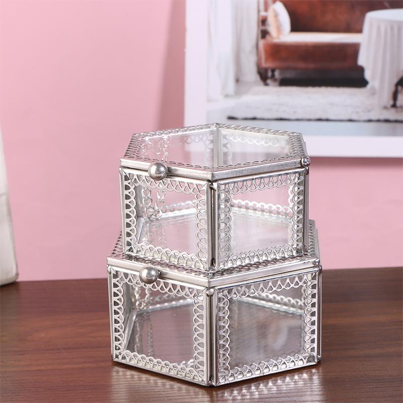 Hexagon Transparent Glass Storage Box Jewelry Ring Earring Beads Coins Display Case Keepsake Organizer Tabletop Container