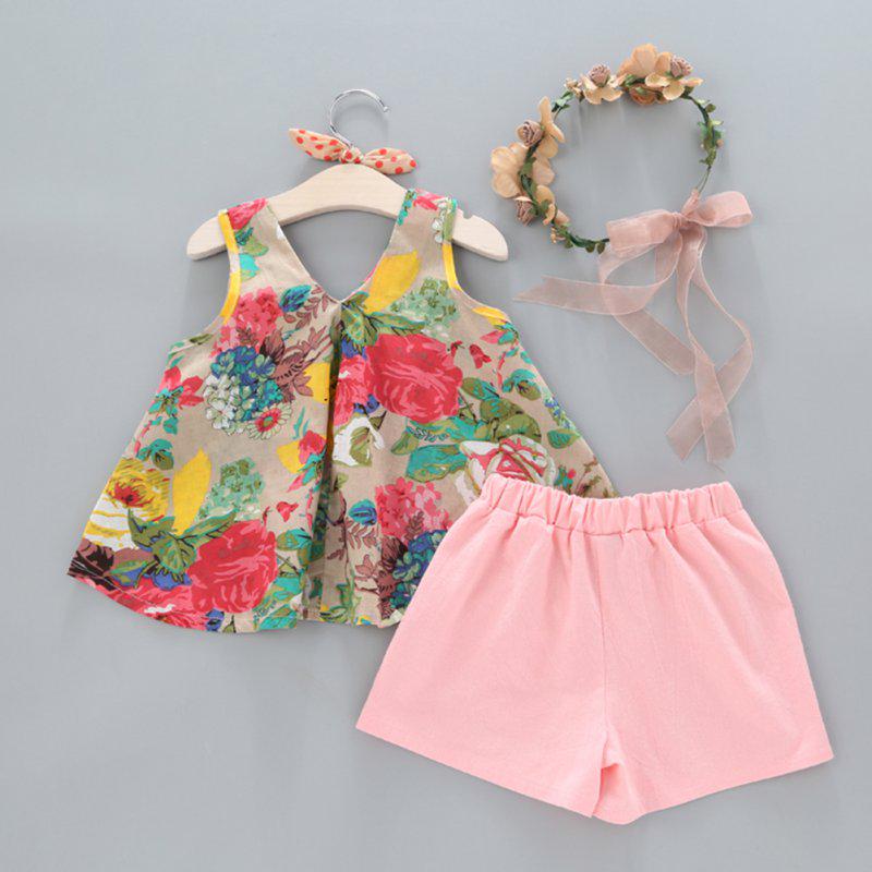 2-6Y Baby Girls Floral Cotton Linen Tops Sleevsless Dresses+Shorts Summer Sets