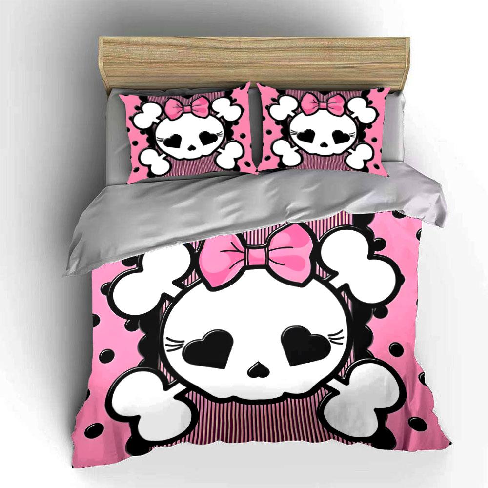 Pink Skull Pattern Gift Set Kid'S And Adults' Bedroom Decor, Exquisite Three-Piece Bedding Set Gift