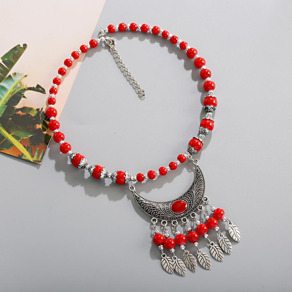 Bohemian Etnický Styl Přírodní Kámen Tyrkysy Náhrdelník Slitinový Přívěsek Kovový Peříček Střapec Náhrdelník Zirkonové Doplňky Ženský