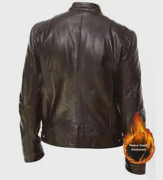Men's Winter Slim-Fit Stand Collar PU Leather Motorcycle Jacket with Velvet Lining