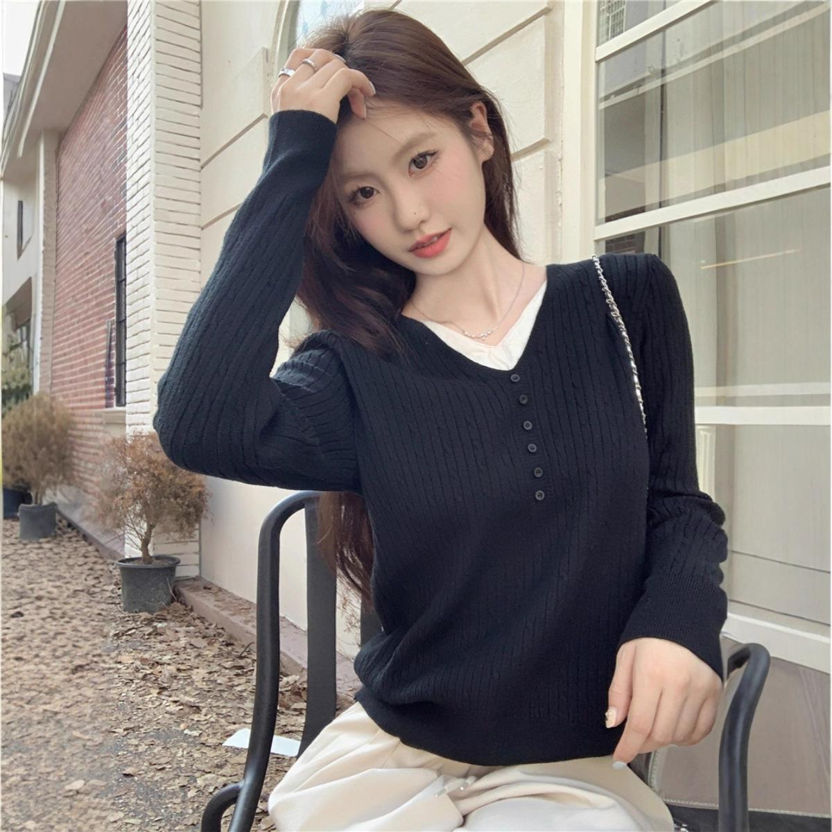 Design button v-neck fake two pieces pure apricot knitted sweater women s autumn ins loose lazy wind sweater one size fits all чёрный