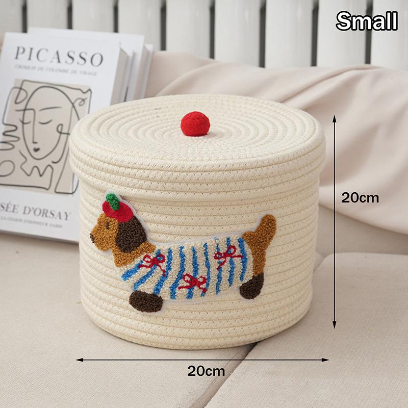 Cute Puppy Storage Basket Woven Cotton Rope Frame Large Capacity With Lid Dustproof Storage Bucket Desktop Dustproof